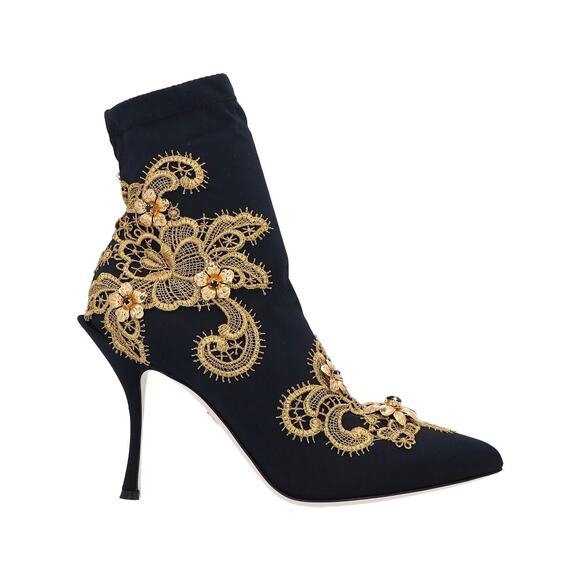 DOLCE & GABBANA Lori 100 Baroque Embroidery Lace Stretch Sock Boot Black Gold 35 - Picture 1 of 8